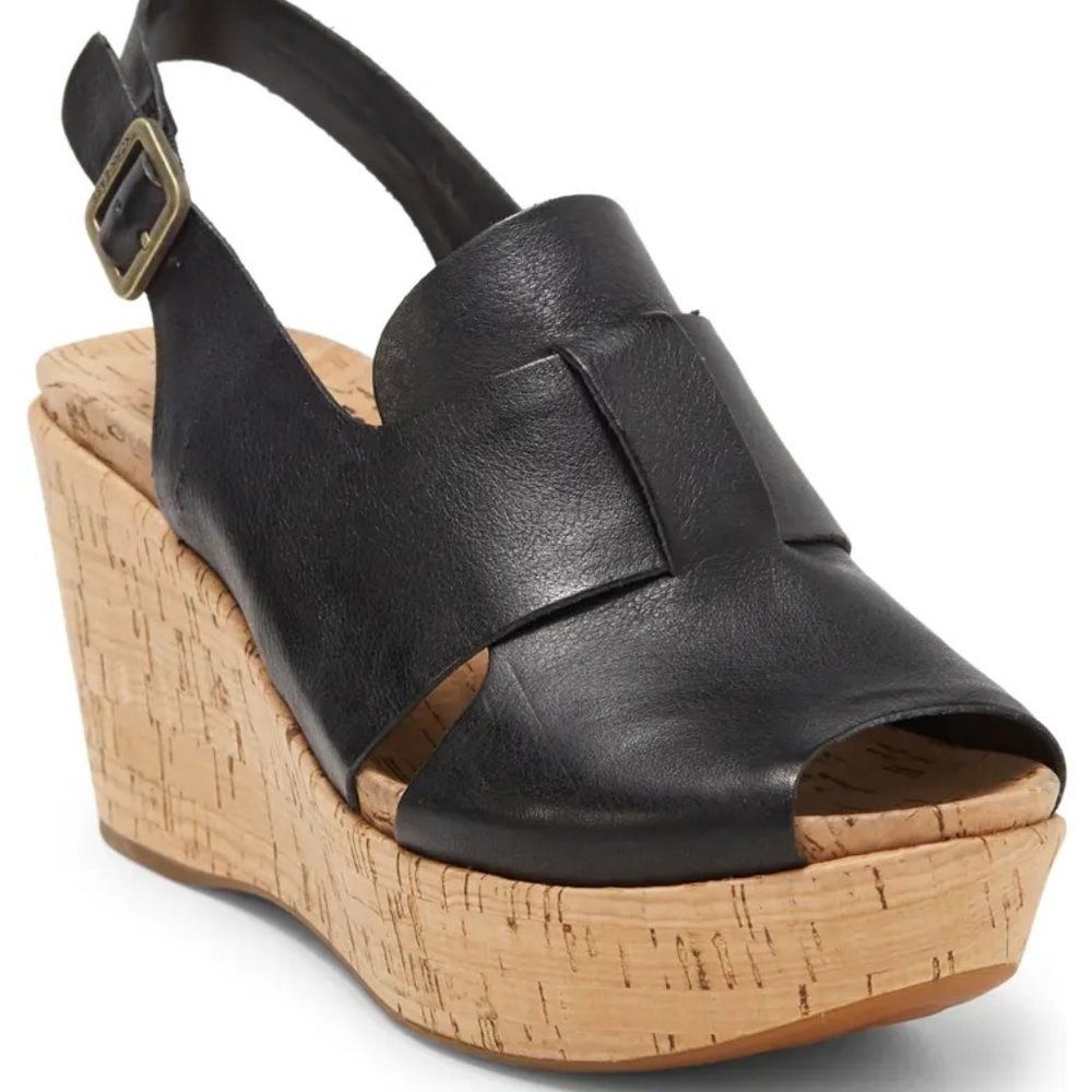 Kork-Ease Alex Slingback Platform Wedge Leather Sandal in Black